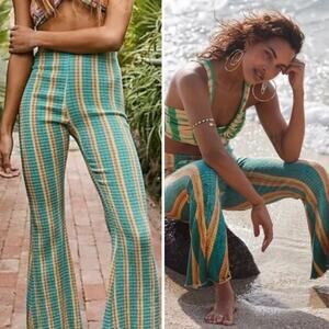 Free People Fine Line Slim Pants In Green/Yellow Combo